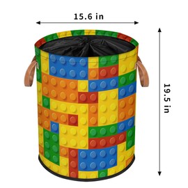 Colorful Building Blocks Large Laundry Hamper, Kids Laundry Basket with Handle, Round Collapsible Clothes Storage Organizer with Drawstring for Nursery Bathroom Bedroom