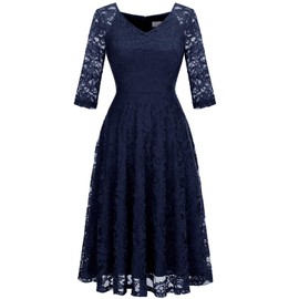 Dressystar Women's Elegant Lace Dress, V-Neck Cocktail Dress, Wedding Midi Evening Dresses, navy