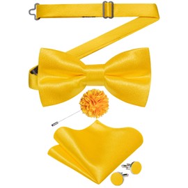 DiBanGu Mens Satin Pre-tied Bowtie and Pocket Square Cufflinks Set Adjustable Solid Color Bow Tie with Lapel Pin for Wedding, Yellow