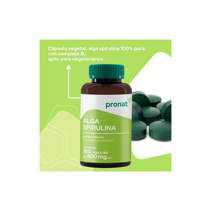 PRONAT | Alga Spirulina 100% Pura, Suplemento Alimenticio, 180 tabletas