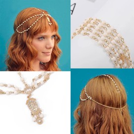 Fashband Boho Layered Head Chain Gold Beads Headpiece Vintage Crystal Festival Hair Accessories Bridal Wedding Hair Chain Jewellery for Women and Girls