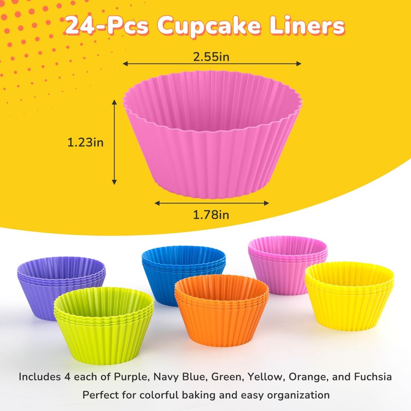 24 Pack Silicone Cupcake Liners for Baking, Multi-color Reusable Silicone