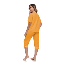 COLORFULLEAF Womens Pajama Sets 100% Cotton Summer Pj Set Capri Pants Sleepwear 2 Piece Lounge Set with Pockets(Marigold, Medium)