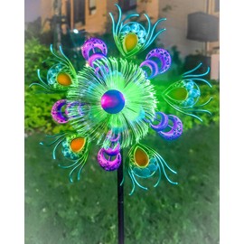 Solar Peacock Wind Spinners for Yard & Garden - 40 Inch Metal Wind Sculpture, Kinetic Windmill with Multi Color LED Lights, Lawn & Patio Art Decor