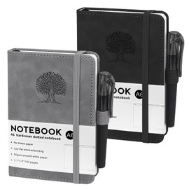 Notebook A6, Pack of 2 Notebooks A6, 80 GSM Paper, 14.5 x 9.9 cm, 192 Pages Notepad Blank with Elastic Band, Pockets Notebooks Made of PU Leather for School, Work and Meetings (Black & Grey)