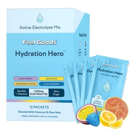Feel Goods Hydration Hero, 1,000mg Electrolytes Powder, Sugar Free, Magnesium, Organic Aloe Vera, L Theanine, Vitamin C, Vegan, Non GMO, On The Go Electrolyte Packets, Variety Pack, 12 Count