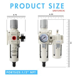 EBEIZZI 1/2" NPT Compressed Air Filter| Regulator Lubricator Combo |Water/Oil Trap Separator |Gauge(0-150 psi) | Poly Bowl | Auto Drain | Bracket - 3 in 1 Two Unit
