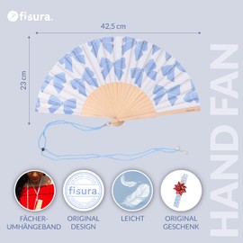 Fisura Wooden Fan with Decorative Ribbon Pattern Stylish Modern Accessory Portable Blue Hand Fan with Handy Hanger Dimensions: 42.5 x 23 cm