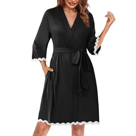 Ekouaer Women Kimono Robe 3/4 Sleeves Loungewear Dress Knee Length Sleepwear Pockets Housecoat Short Bathrobe