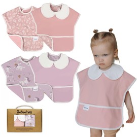 Bebeezoo 6-Layer Waterproof Baby Bib, Reversible, Adjustable, Washable, Stain Oil Resistant, 6-36 Months, 2-Pack, food bib (Pink Flower & Purple Unicorn, 6-36 months)