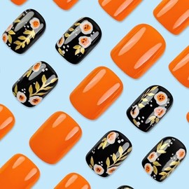 Press on Nails Short Square Fake Nails with Flower Leaves Designs Fall Winter Nails Press ons Orange Acrylic Nails Glossy Glue on Nails Artificial False Nails Cute Stick on Nails for Women 24Pcs