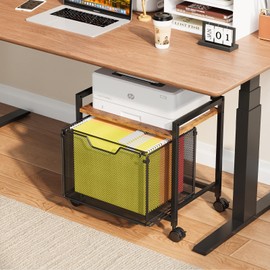 JKsmart Printer Stand with Sliding Drawer, Under Desk File Cabinet with Caster Wheels,Rolling File Cart, 2 Tier Industrial Storage Shelf, Sofa Side Table Organizer for Home, Office, Brown