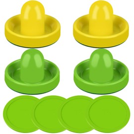 ONE250 Air Hockey Pushers and Green Air Hockey Pucks, Goal Handles Paddles Replacement Accessories for Game Tables (4 Striker, 4 Puck Pack) (Green & Yellow)