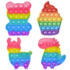 4Pcs Pop It, Rainbow Push Fun Pop It Fidget Toys, Sensory Pop Up Poppet Fidget Toy, Dinosaur, Bear, Alpaca, Ice Cream Fidget Popper for Autism & Special Needs Stress Reliever