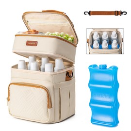 BABEYER Insulated Breastmilk Cooler Bag with Ice Pack - Holds 6x9oz Bottles, Leakproof Double Layer, Adjustable Strap for Nursing Moms, Daycare & Travel,Cream