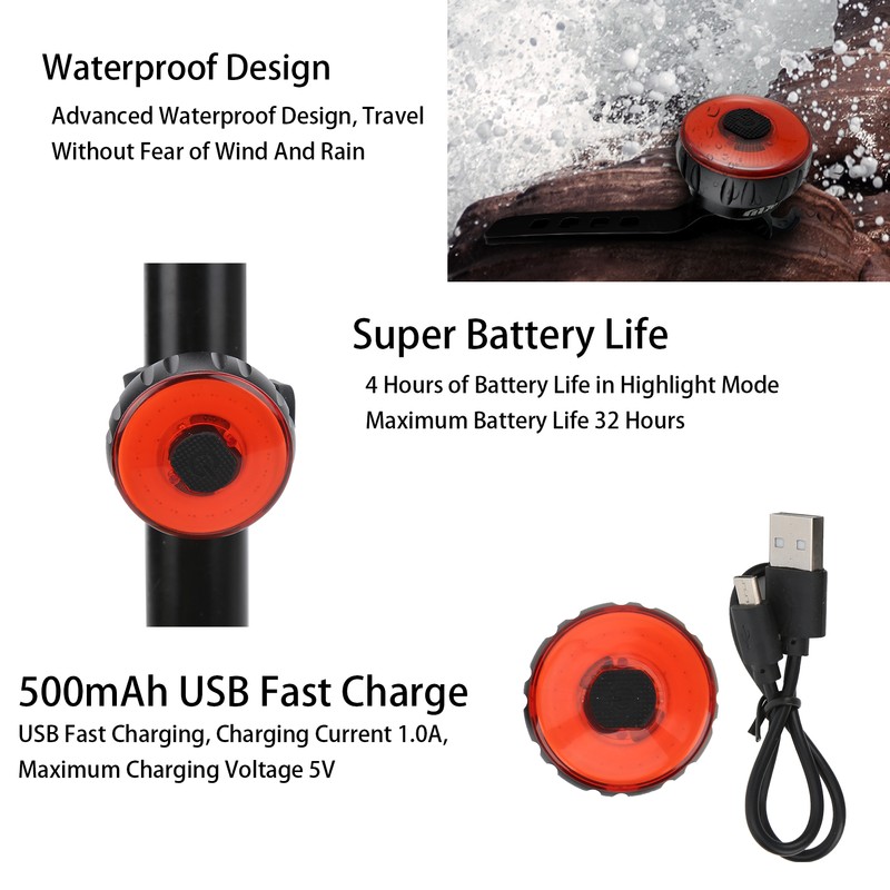 Bike Tail Light USB Rechargeable IPX6 Waterproof 6 Adjustable Modes