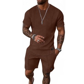 UOUA Mens Short Sets 2 Piece Summer Outfits Casual Short Sleeve Crew-Neck Shirts & Shorts Track Suit Jogging Loungewear Brown 3XL