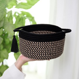 Empty Gift Basket - SweetMemo Mini Woven Rope Organizer Baskets for Baby Shower, Vanity, Makeup Brushes, Bathroom, Shelves, Desk - Small Decorative Storage Bins - Set of 2, Pre-Shaped, Black Brown