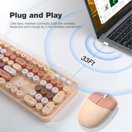 Atelus Wireless Keyboard and Mouse, 2.4Ghz USB Retro Full Size Typewriter Keyboard and Sport Car Mouse Combo for Mac, Windows 7/8/10, Laptop, Desktop, PC, Computer (Milk Tea Colorful)