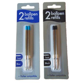 Twin Pack Ballpoint Pen Refills Parker Compatible Black Or Blue Ink (Black)