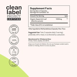 Wholesome Story Organic Spearmint Supplement Capsules | Great Alternative to Spearmint Tea | 1000mg Spearmint Leaf Powder | 333.33mg Per Capsule | Supports Hormones, Cognition, Gut & Immune System | 30-Day Supply