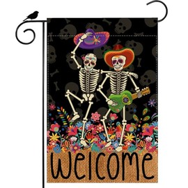 ZAEW Welcome Dia De Los Muertos Garden Flag Dance Sugar Skull Music Guitar Colorful Flowers Day of The Dead Yard Flag 12x18 Inch Double Sided Small Mini Yard Outdoor Outside Holiday Party Decoration