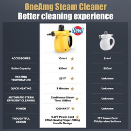 OneAmg Pressurized Handheld Steam Cleaner -1050W Powerful Steamer for Grout, Oven Grease & Bathroom Mold with 10 Attachments | 3-Min Heat-Up, 15oz (450mL) Tank | 221°F Heating Temperature, Safety Lock