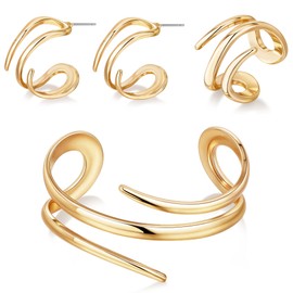 MISS RIGHT Gift Set for Women, 3 Piece Sets Jewelry for Women - 18K Gold Plated Gold Irregular Waves Earrings, Irregular Lines Rings & Cuff Bracelets, Modern Design Elegant Jewelry Gifts for Women