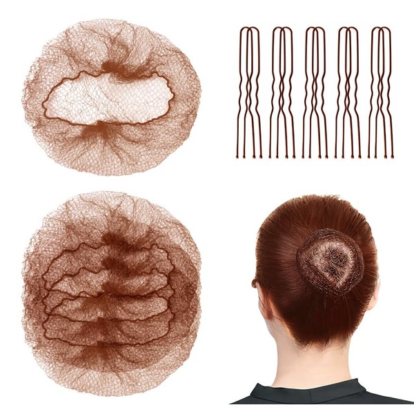Brown Hair Nets 20PCS Hair Bun Nets with 50Pcs U