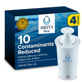 Brita BritaPlus Replacement Water Filter for Pitchers and Dispensers, WQA NSF/ANSI Certified, Reduces 2x More Contaminants vs. Standard Brita, Reduces Chlorine Zinc Copper Mercury & More, 4 Filters