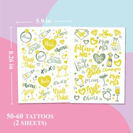 Gold Bachelorette Tattoos, 50+ pcs Bach Party Favors, Bride Tribe Temporary Tats, Metallic Bridal Party Accessory, Miss to Mrs