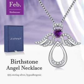 JiaYangJY Silver Guardian Angel Necklace 18K White Gold Plated Heart Infinity Pendant February Amethyst Jewelry Gifts for Her