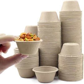 SAHENITEANA Bagasse Fiber Souffle Cups, 100% Biodegradable, Mini Paper Disposable Compostable Condiment Cup, Food Sample Sauce Container Portion Bowls Dipping (100 Pcs-4 oz-Natural Color)