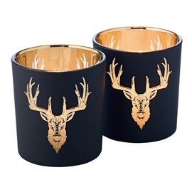 EDZARD Lio Tea Light Holder Set of 2 (Height 8 cm, Diameter 7 cm) Stag Motif, Outside Matte Black / Inside Gold