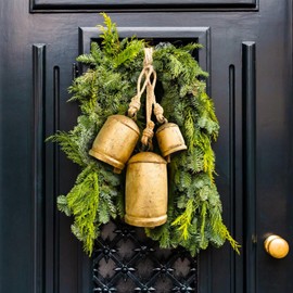 Mie Creation Set of 3 Harmony Rustic Cow Bells, Vintage Metal Christmas Large Bells with Jute Rope, Handmade Wall Door Hanging Iron Cowbells, Christmas Ornaments Holidays Home Decor- Antique Gold