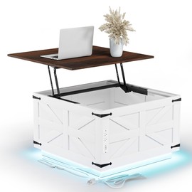 Lift Top Coffee Table with Storage Farmhouse Square Rustic Center Table for Living Room, LED Lights, Charging Station, Hinged Soft Close, Large Hidden Storage, Modern, Metal Corner, White Wood