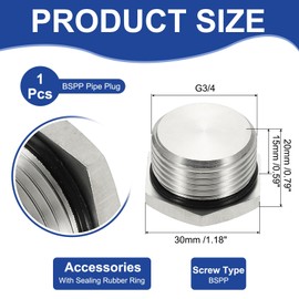 sourcing map BSPP Pipe Plug Fitting, 304 Stainless Steel G1 Male Outer Hex Thread for Plumbing Fixed with Sealing Rubber Ring