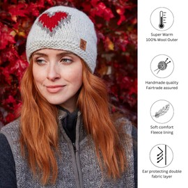 Pachamama Ladies Wool Fleece Lined Beanie Hat Hand Knitted Red Heart Oatmeal One Size Handmade Extra Warm Fair Trade Light Beige One Size, light beige