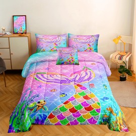 ROWADALO 6 Pieces Mermaid Scale Glitter Comforter Set Fish Scale Shell Starfish Girls Bedding Set,Gradient Rainbow Mermaid Tail Bed in A Bag Queen Size Complete Set for Girls Bedroom,MRY504-Queen