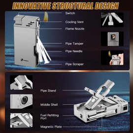 LIHTUN Pipe Lighter with Pipes Stand, Refillable Butane Lighters with Stainless Steels 3 Pipe Tools Cleaner, 5 in 1 Soft Flame Lighter, Portable Pipe Lighters for Outdoor Indoor with Gift Box