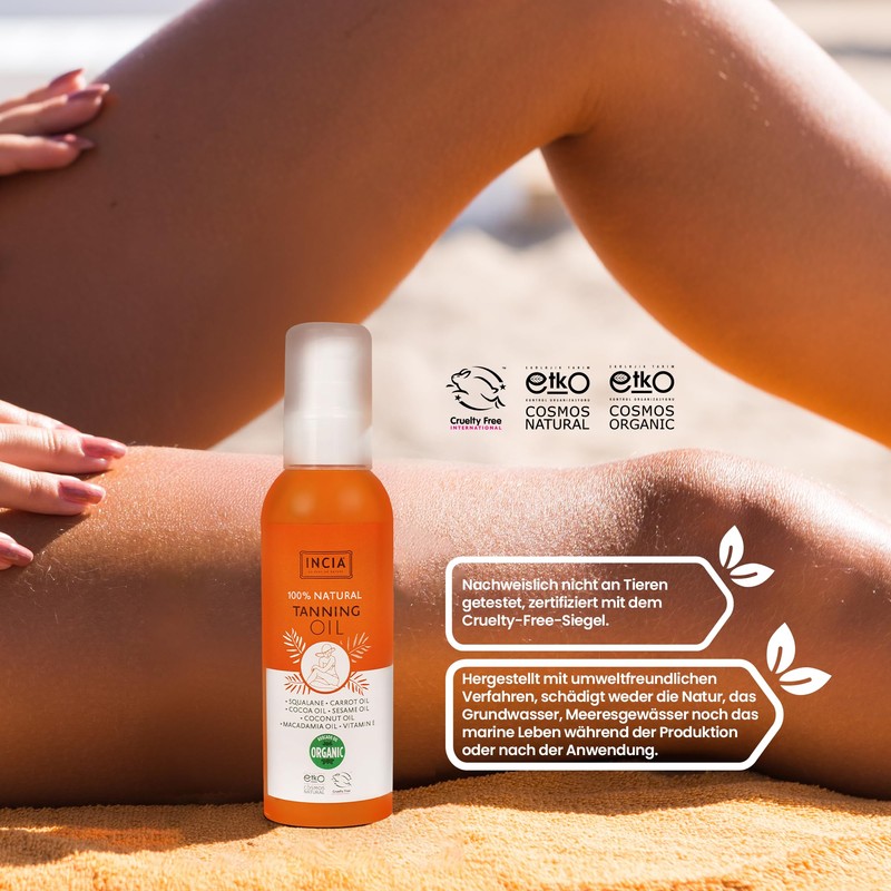INCIA Organic Certified Tanning Oil, 150 ml, Natural, Radiant Tan,
