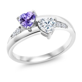 Gem Stone King 925 Sterling Silver Lab Grown Diamond Ring Heart Shape Tanzanite and Moissanite (1.08 Cttw) (Size 9)
