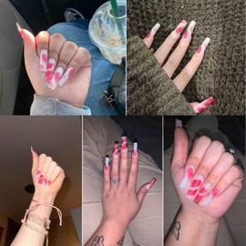 Valentines Press on Nails Long Square Fake Nails with Red Lips Design White False Nails Cute Red Lips Valentines Nails Glossy Full Cover Glue on Nails Winter Spring Stick on Nails for Women 24Pcs