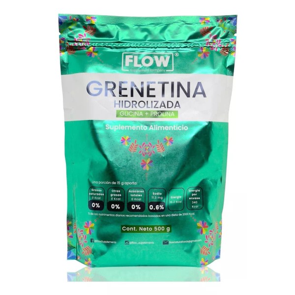 Flow Grenetina Hidrolizada Glicina Prolina 500 Grs Sin Sabor Flow