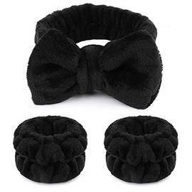 WSYUB Diademas de Maquillaje, 1 pieza Diadema Negra de Spa con Lazo Esponjoso de Microfibra para la Cara, y 2 Piezas de Bandas de Spa para Muñeca Muñequeras Absorbentes, para Lavar la Cara y Cuidado