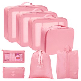 Neween 8PCS Packing Cubes for Suitcases, Travel Luggage Packing Organisers with Shoe Bag & Cosmetic Bag, Waterproof Travel Essential Cube Accessories Clothes Toiletries Storage Pouch (A-Pink)