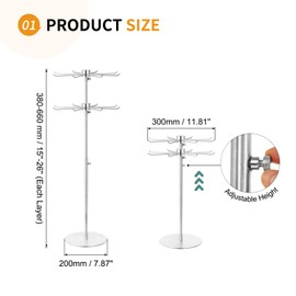 SUIKIHUM 1 Pack - Stainless Steel Keychain Display Stand, 380-660mm Adjustable 2-layer Rotating Jewelry Display Stand Appropriate for Necklace Show, Silver