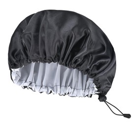 Yonchic Shower Cap for Men Women, with Adjustable Ties, Satin PEVA Double Layer Waterproof Bath Caps, Reusable Large Size Hair Cap with Elastic Band for All Hair Lengths (Black)