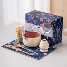 ChaseWind Matcha Whisk Set, 8Pcs Floral Ceramic Matcha Set with Matcha Whisk, Holder, Scoop, Scoop Rest, Sifter, Spoon and Tea Towel – Thoughtful Matcha Whisk Gift for Matcha Lover (Beige & Pink)