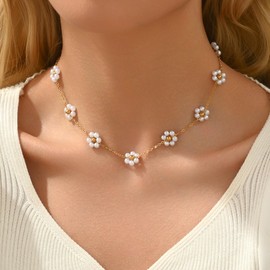 Nawflue Pearl Necklaces for Women 18K Gold Plated Dainty Cross Necklace Gold Flower Daisy Pearls Beaded Choker Necklace Trendy Stainless Steel Bridesmaid Wedding Jewelry